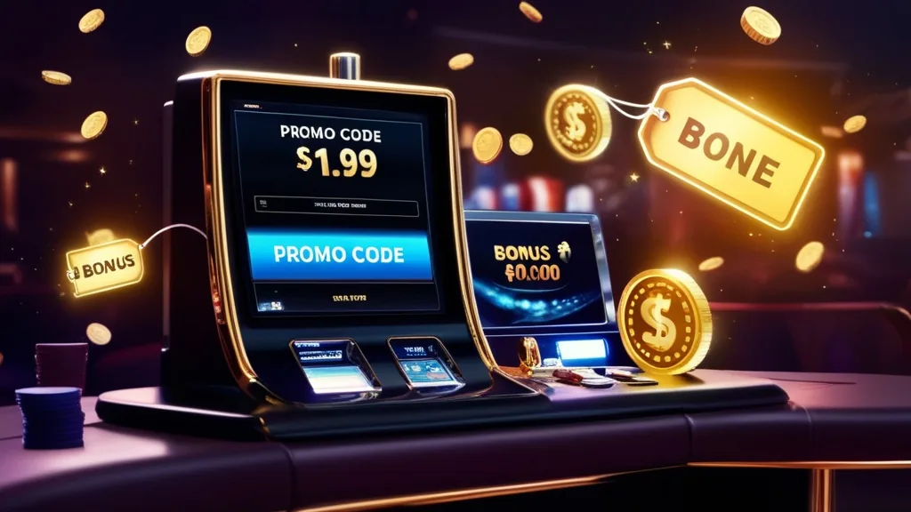 Champ de code promo lumineux près d’une machine à sous dans un casino sombre