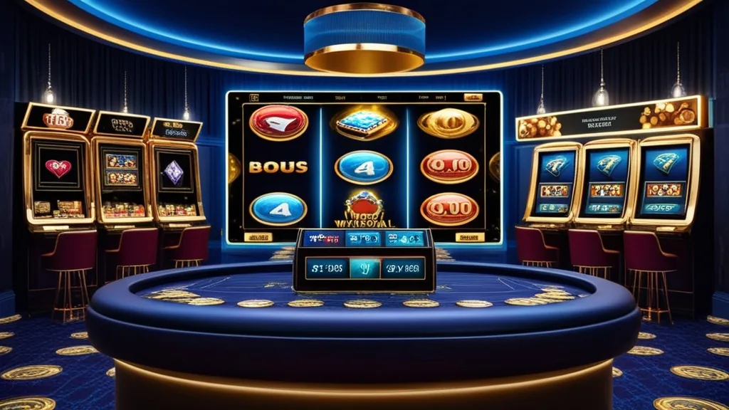 Jeux de casino, barre de progression et terminal de retrait dans une scène sombre