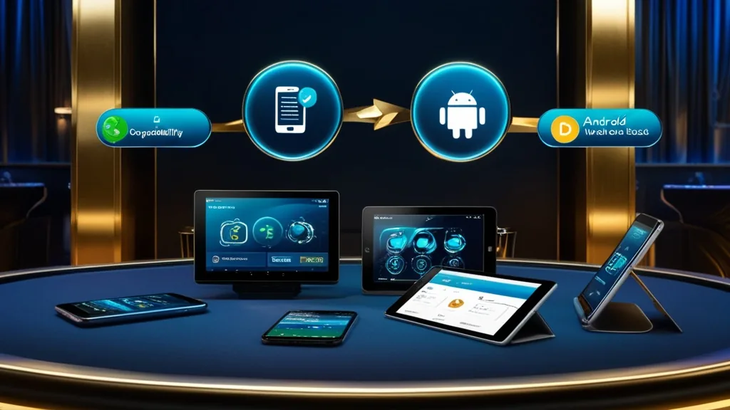 Tablette et smartphone montrant la compatibilité de l’app dans un décor casino sombre