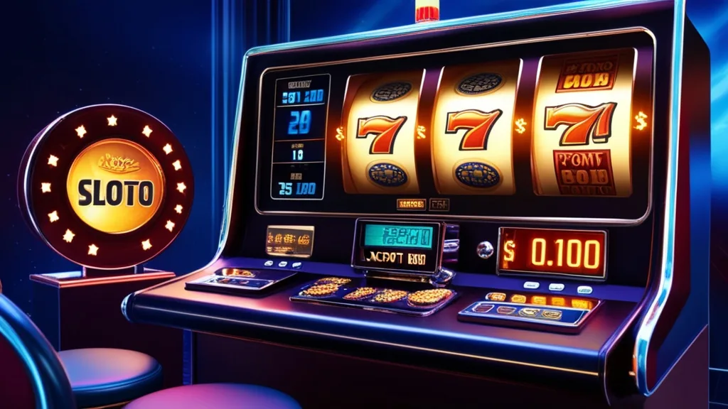 Machine à sous éclairée dans un casino sombre avec indicateur de bonus