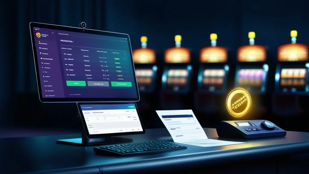 Retrait en attente avec vérification de compte et documents dans un décor de casino