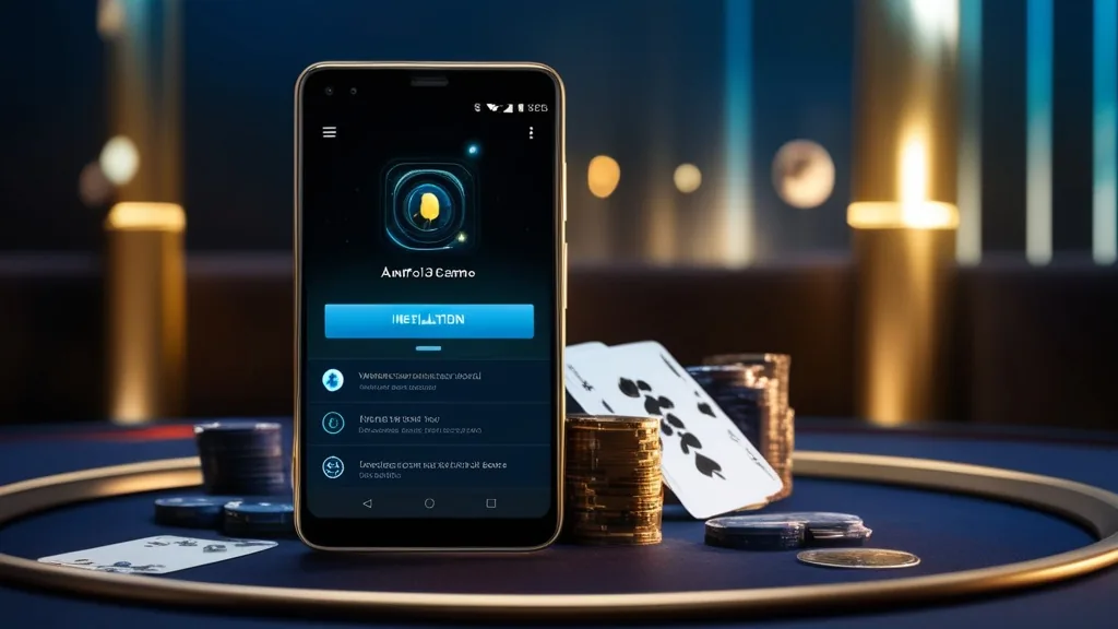 Téléphone Android affichant l’installation d’un fichier APK dans une ambiance casino sombre