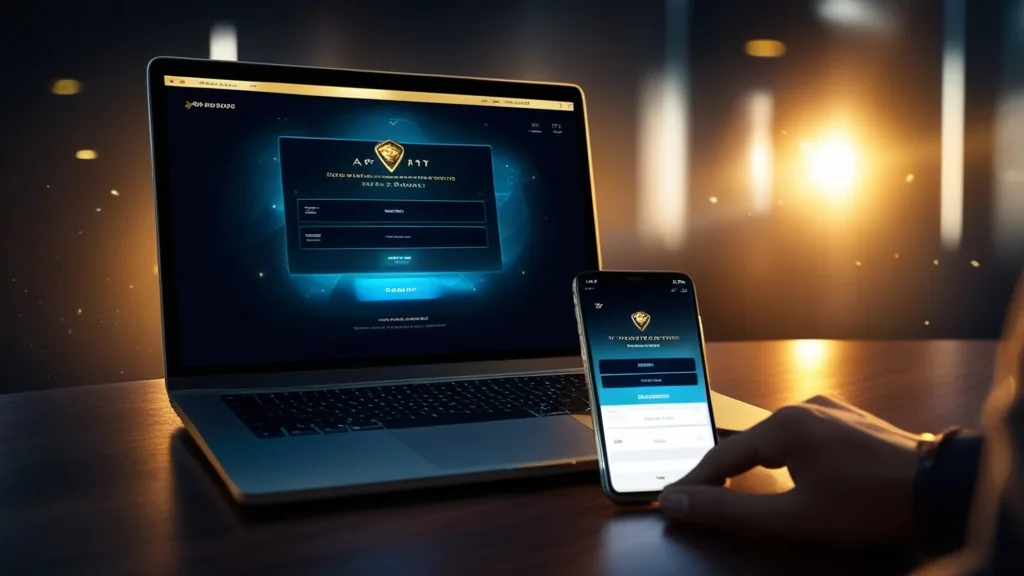 Écran de connexion de compte joueur sur ordinateur et mobile dans une ambiance casino sombre