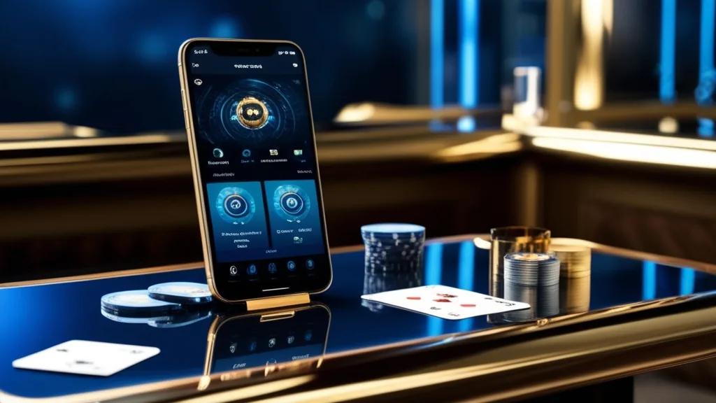 Smartphone affichant une interface mobile de jeu dans une ambiance casino sombre