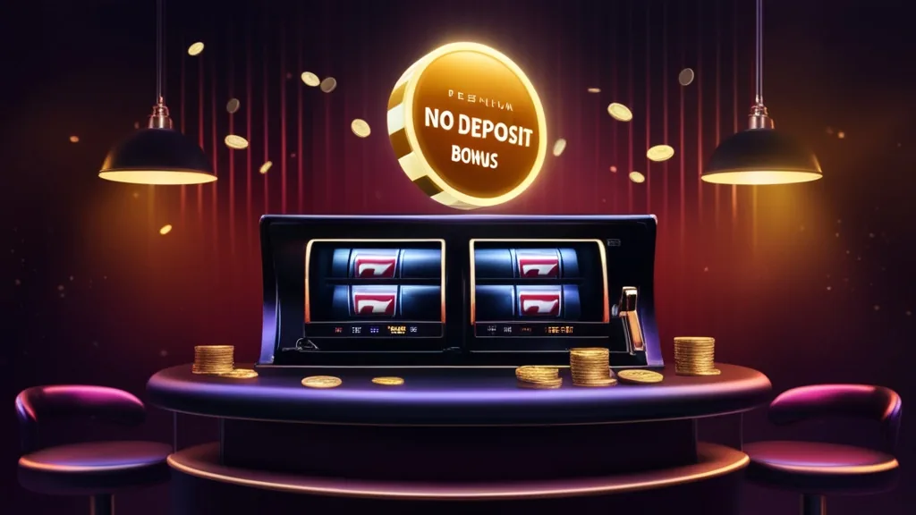 Jeton de bonus sans dépôt au-dessus d’une machine à sous dans un casino sombre