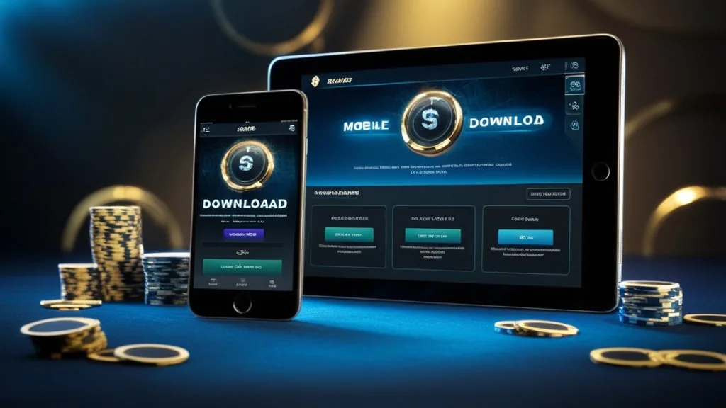 Smartphone et tablette affichant le téléchargement de l’application dans un décor casino sombre